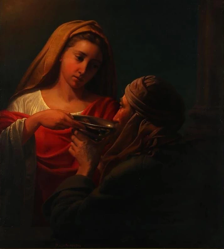 Donna con una ciotola di bevanda per il viaggiatore alla colonna del tempio